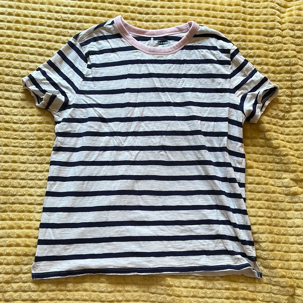 blue and white striped women’s cut shirt with pink collar